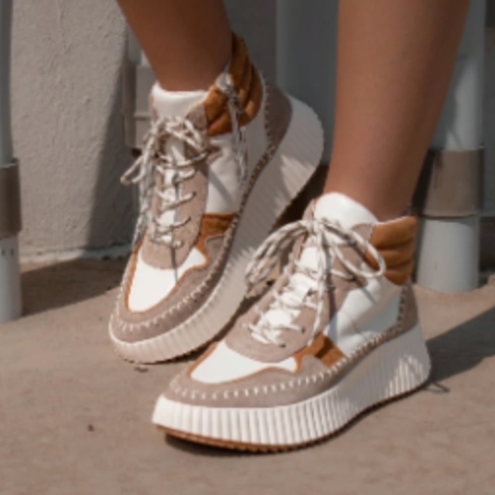 Dolce Vita White, Tan and Beige Platform Athletic Sneakers